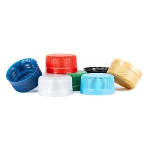 Group photograph of tethered 1881 plastic screwcaps in various colours